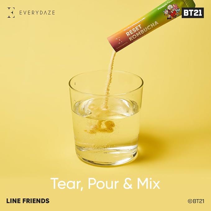 Everydaze BT21 Reset Kombucha Tea Powdered Beverage Mix | 10 Sticks | Prebiotics + Probiotics | Vegan | No Added Sugar, Gluten Free, Sparkling Powder Drink Pack (Pineapple Passion Fruit)