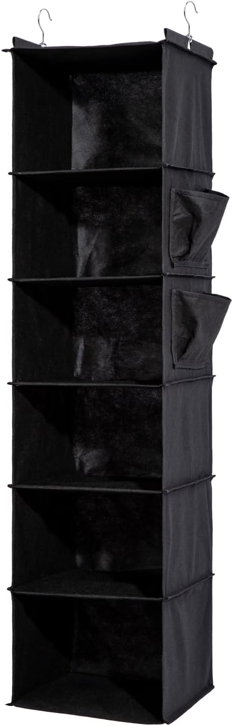 6-Shelf Hanging Closet Organizer and Storage, Collapsible Hanging Shelves for Closet with 2 Side Pockets, Hanging Shoe Organizer to Saving Space,Black