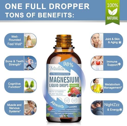 Magnesium Glycinate Liquid Drop - Triple Absorption Supplement to Support Nerves, Sleep, Calm, Heart, Muscles * -Sugar-Free with Potassium, L-Theanine, Sea Moss，Vitamin B,C,D3, K2-1Pack