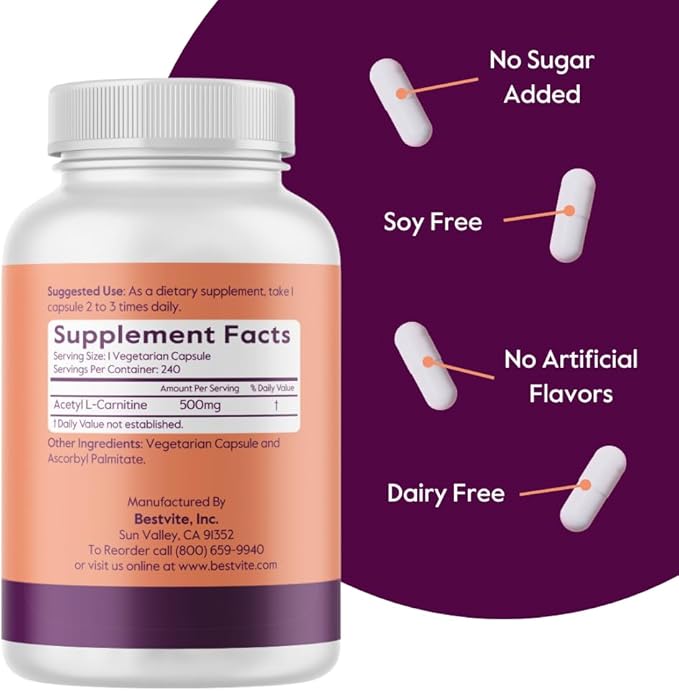 BESTVITE Acetyl L-Carnitine 500mg (480 Vegetarian Capsules) (240 x 2) - No Stearates - Vegan - Non GMO - Gluten Free