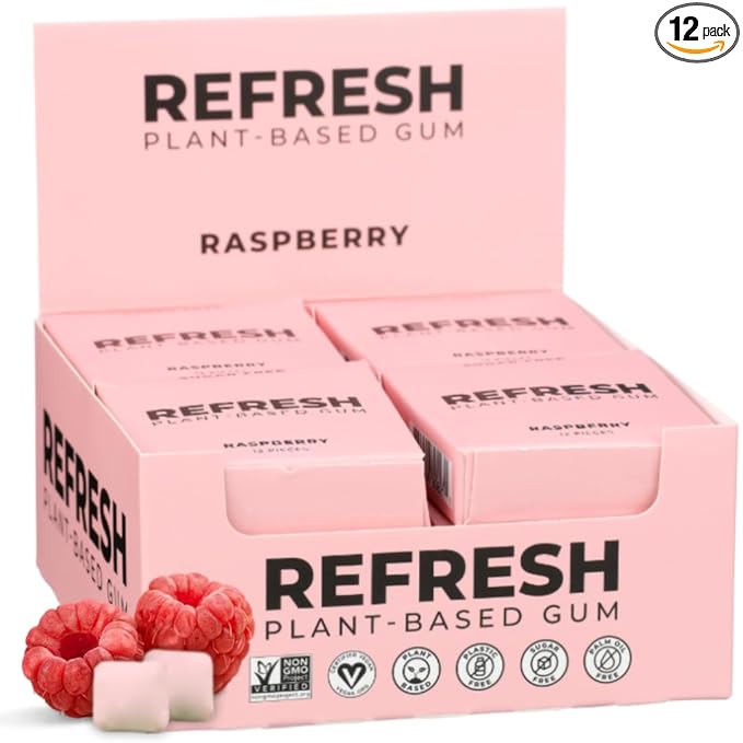 Refresh Gum, Xylitol, Natural, Sugar Free, Aspartame Free, Plastic Free, Natural Flavors & Organic Ingredients, Plant-Based, Low Calorie, Non GMO, Gluten Free, Vegan, Raspberry Flavor, 12 Pcs, 12 Pack
