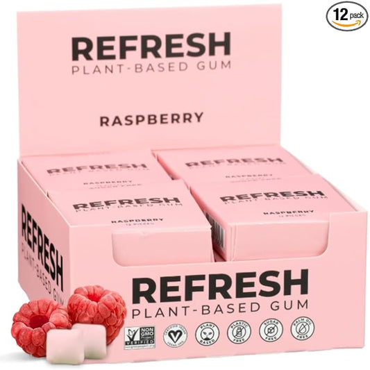 Refresh Gum, Xylitol, Natural, Sugar Free, Aspartame Free, Plastic Free, Natural Flavors & Organic Ingredients, Plant-Based, Low Calorie, Non GMO, Gluten Free, Vegan, Raspberry Flavor, 12 Pcs, 12 Pack