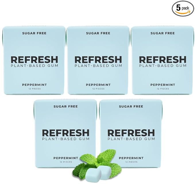 Refresh Gum, Xylitol, Natural, Sugar Free, Plastic Free, Aspartame Free, Natural Flavors & Organic Ingredients, Plant-Based, Low Calorie, Non GMO, Gluten Free, Vegan, Peppermint Flavor, 12 Pcs, 5 Pack