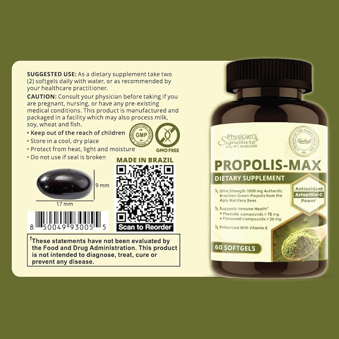 Rawleigh Propolis Max: 60 Vegetarian Softgels - Brazilian Green Propolis with Phenolic, Flavonoid & Artepillin C Compounds & Vitamin E - Supports Immunity, Wellness