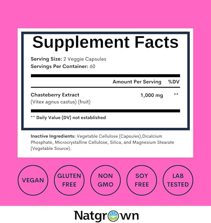 Natgrown Vitex Chasteberry Supplement for Women 1,000 mg - Supports Hormone Balance & Fertility - Agnus Castus Chaste Tree Vitex Berry Fruit Extract Capsules - 120 Ct