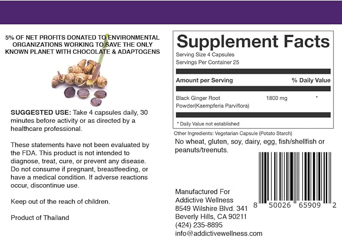 Addictive Wellness Black Ginger Capsules 450mg, Kaempferia Parviflora Supplement to Support Energy, Metabolism, Endurance & Performance, Thai Black Ginger for Men, Vegan & Paleo, 100 Count