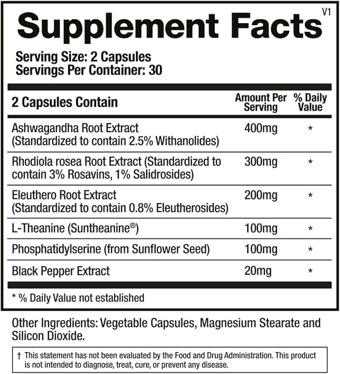 BioMatrix Adaptogen Supplement w/Ashwagandha, L-Theanine, Rhodiola, Ginseng | Cortisol Support, Stress Relief, Focus, Mood | 60 Capsules