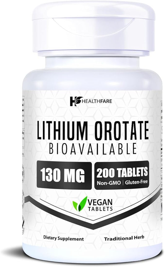 Lithium Orotate 130mg | 200 Veg Tablets | High Bioavailability | Gluten-Free | Non-GMO