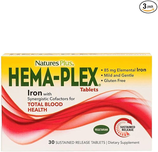 NaturesPlus Hema-Plex Iron - 30 Slow-Release Tablets, Pack of 3 - Total Blood Health - 85 mg Chelated Iron - With Vitamin C & Bioflavonoids - Non GMO, Vegetarian & Gluten Free - 90 Total Servings