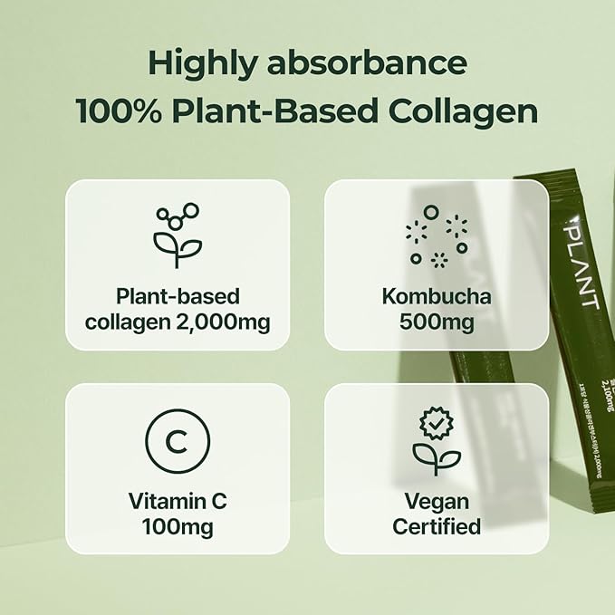 PLANT Vegan Collagen Peptide + Kombucha Powder + Probioitics + Vitamin C | Tripeptide Vegetarian Collagen Booster 2000mg, Dragonfruit Lime |15 packets, Gut & Skin Health Anti-Aging Hydration drink mix