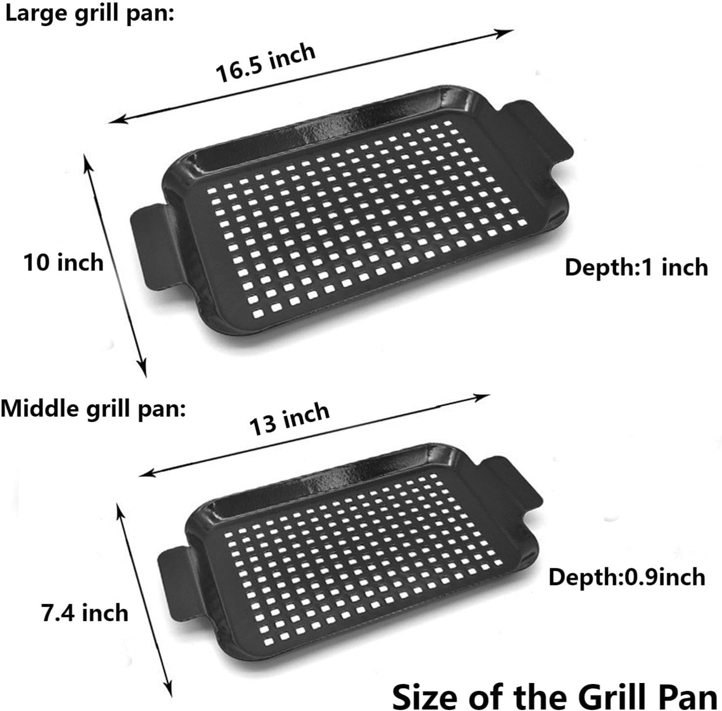 Grill Topper Non-Stick Stainless Steel BBQ Tray with Holes Outdoor Grilling Pans for Meat Vegetables Set of 2 (16.5" x10" and 13"x7.4") (Black)