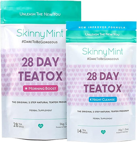 SkinnyMint Original 28 Day Detox Tea Kit- Ultimate TeaTox Programme- All Natural Morning Boost and Night Cleanse Detox Tea- Helps Alleviate Bloating and Boost Energy