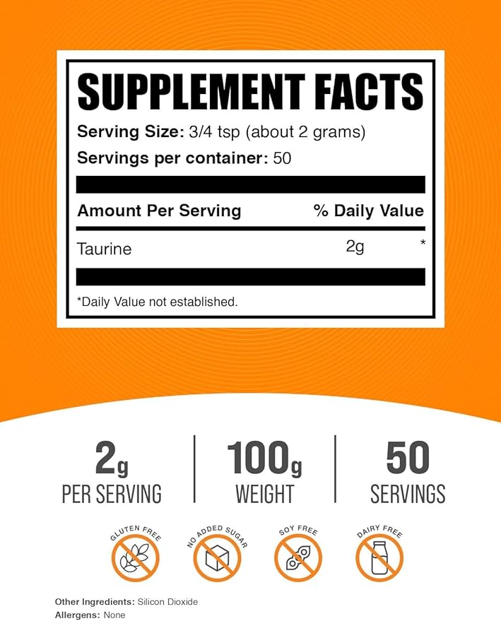 BulkSupplements.com Taurine Powder - Taurine Supplement, Amino Acid Supplement for Energy - Unflavored & Gluten Free, 2g per Serving, 100g (3.5 oz) (Pack of 1)