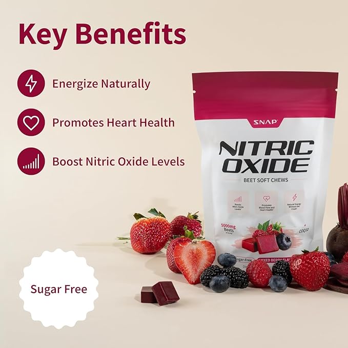 Snap Supplements USDA Organic Beet Root Powder, 3-in-1 Nitric Oxide Supplement, Support Healthy Blood Pressure and Blood Circulation, 250g (30 Servings (Pack of 1), Mixed Berry (Chews))