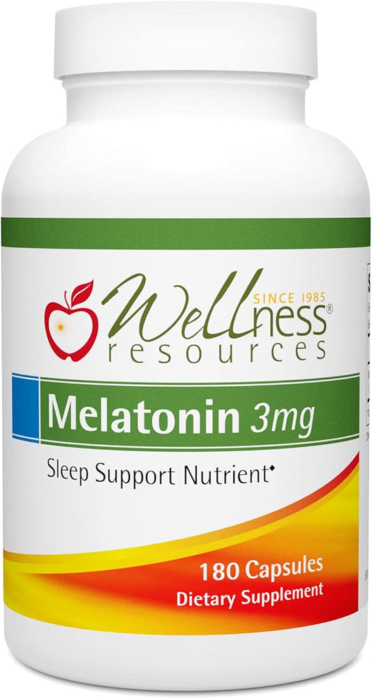 Wellness Resources 3 mg Melatonin Capsules - Natural Sleep Support Supplement - Gluten Free Sleep Aid, Preservative Free, Third-Party Tested, No Added Sugars Dye Free, 180 Capsules
