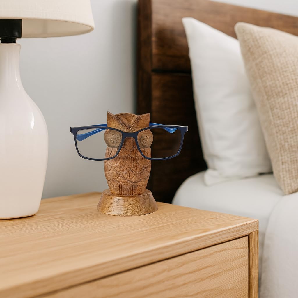 Stocking Stuffers Wooden Owl Glasses Holder Night Stand Reading Eyeglass Retainer White Elephant Gifts for Adults Women Men Him Her Mom Dad Car Christmas Gifts