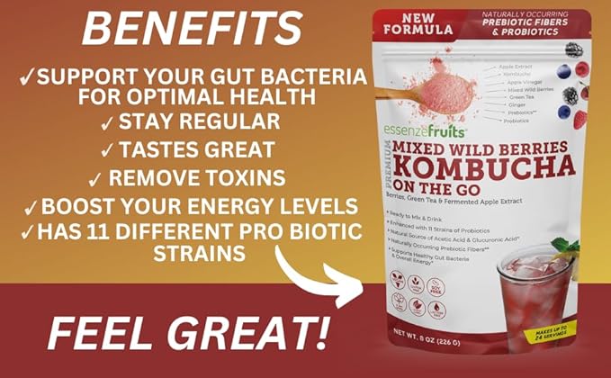 Essenzefruits Red Berries Kombucha Powder Tea Beverage – Sugar Free, Fermented & Dried - Just Add Water! Live Probiotics & Prebiotic Blend, Vitamin C - Makes up to 30 Cups (8 Oz)