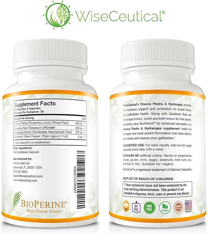 Max Strength Chanca Piedra, Hydrangea & Dandelion Root - Natural Kidney & Gallbladder Formula - Stone Breaker, Flush Impurities, Cleanse Urinary Tract - Enhanced with BioPerine. 60 Veggie Capsules.
