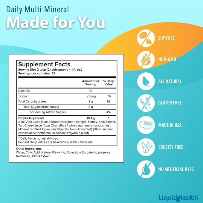 LIQUIDHEALTH Daily Multi Mineral Liquid Supplement with Fulvic Acid, Plant Based Ionic Aquamin Sea Trace Ocean Minerals - Immune Support, Energy, Gut Health, Detox - Made in USA, Vegetarian (2 Pack)