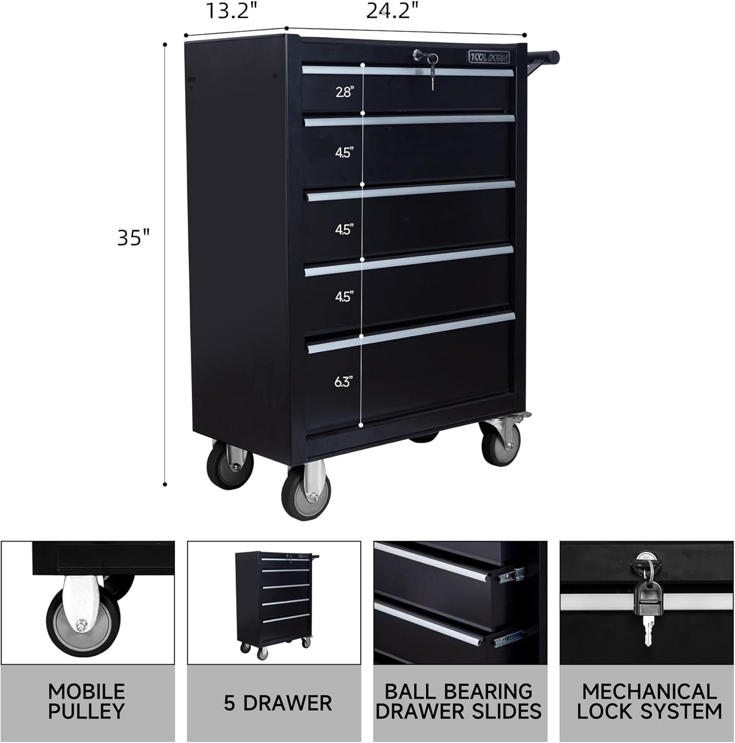 5-Drawer Rolling Tool Chest with Locking Wheels & Drawers, 13" D x 24.2" W x 34.6" H Mobile Tool Storage Cabinet, Heavy-Duty Garage Organizer w/Ergonomic Handle