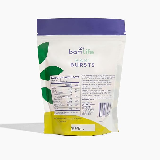 Calcium Citrate Bariatric Calcium Chews with 1000 IU Vitamin D3 - Ideal for Bariatric Patients - BariBurst by Bari Life (Lemon Lime)