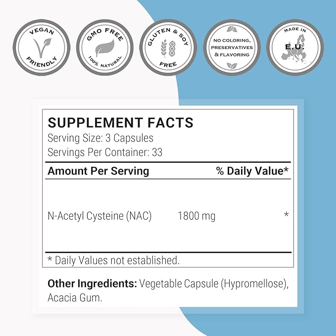 Supersmart N-Acetyl Cysteine 1800mg per Day (High Absorption) - NAC Supplement - High Potency Antioxidants Amino Acids - Glutathione Precursor | Non-GMO & Gluten Free - 100 Vegetarian Capsules