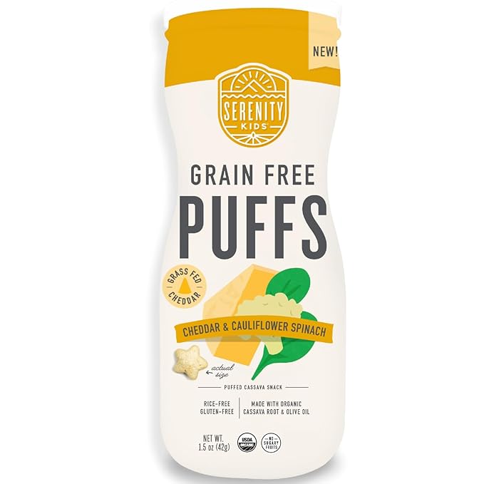 Serenity Kids 6+ Months Grain Free Puffs Toddler & Baby Snack | No Added Sugar, Gluten & Rice Free, Allergen Free | Made with Organic Cassava, Veggies, & Herbs | White Cheddar & Cauliflower | 1 Count