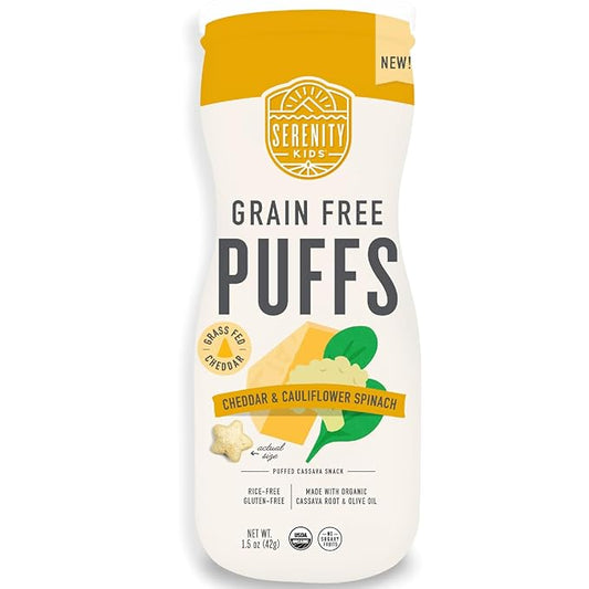 Serenity Kids 6+ Months Grain Free Puffs Toddler & Baby Snack | No Added Sugar, Gluten & Rice Free, Allergen Free | Made with Organic Cassava, Veggies, & Herbs | White Cheddar & Cauliflower | 1 Count