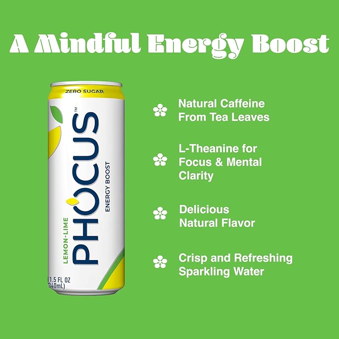 PHOCUS Caffeinated Sparkling Water, Lemon Lime, 75mg Natural Caffeine Plus L-Theanine, Zero Sugar, Zero Calories, No Artificial Sweeteners, 11.5 fl oz Cans (Pack of 12)
