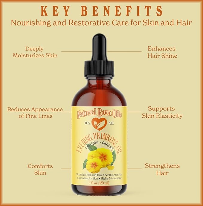 Natural Born Oils 4oz Evening Primrose Oil, 100% Pure and Natural, Organic, Cold-pressed, Unrefined, Moisturizing, Includes Pump & Dropper
