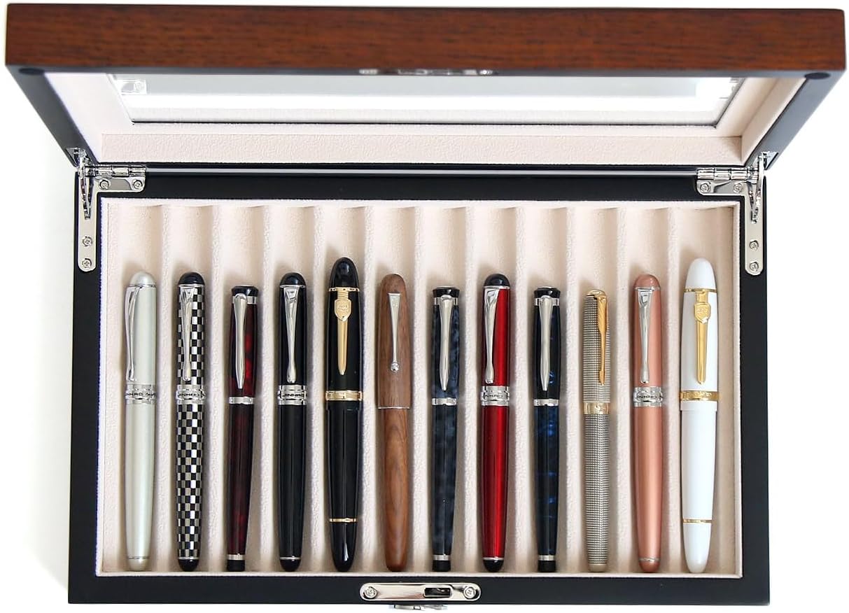 Wooden Pen Display Case – 12 Slot Lockable Fountain Pen Storage Box, Brown Collectors Display with Glass Top, Gift for Men