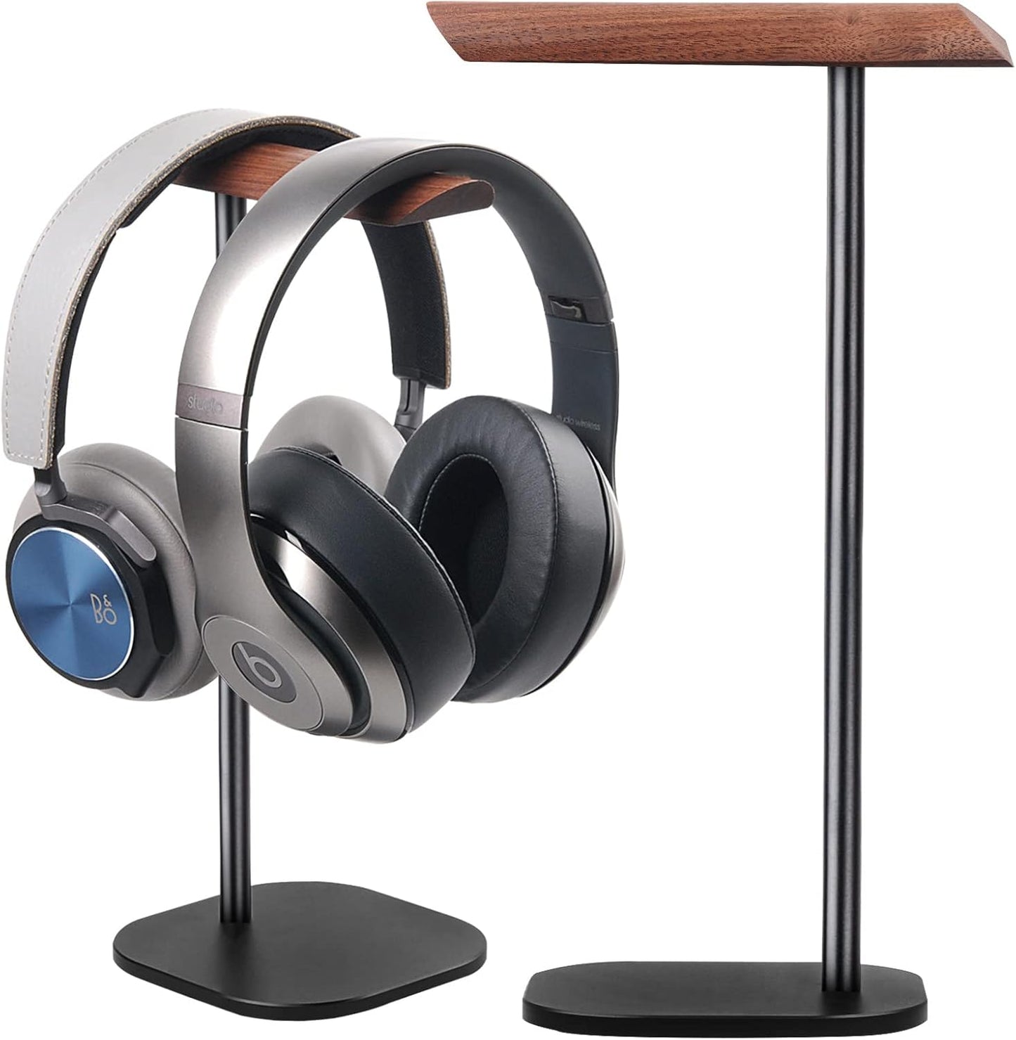 Gvoears Upgraded Headphone Stand, Walnut Wood Headphone Stands Headset Holder for Desk, Support Dual Headsets Suspension, Aluminum Alloy Support Rod Hanger, Dual Headphones Stand with Great Stablity