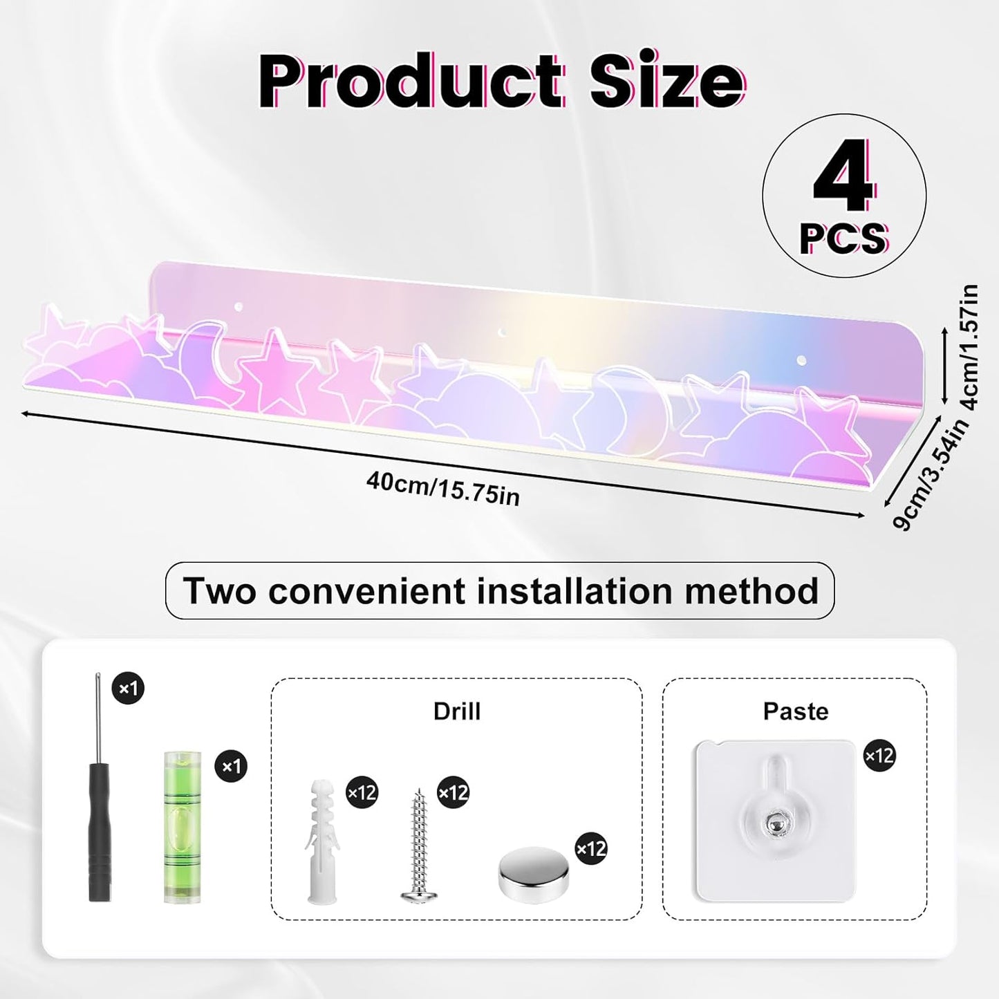 Floating Shelves for Wall,4 Pack 15.7’’x 3.5’’Adhesive Acrylic Shelves Organizer for Book Toy Photo Makeup,Wall-Mounted Kids Storage for Bathroom,Bedroom,Nursery,Iridescent Star and Moon