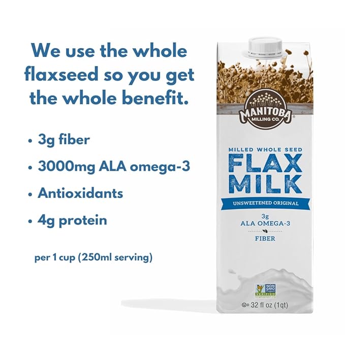 Manitoba Milling Company Original Flax Milk| Unsweetened | 3000mg ALA OMEGA-3 | 2 Tbsp Flaxseed per Serving | 4g Protein & 3g Fiber | Non-GMO, Plant-Based, Non-Dairy| Shelf-Stable, 32 oz (Pack of 6)
