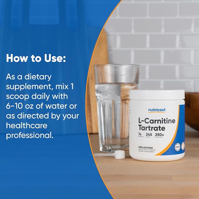 Nutricost L-Carnitine Tartrate Powder (250 Grams) - 1 Gram per Serving, 250 Servings