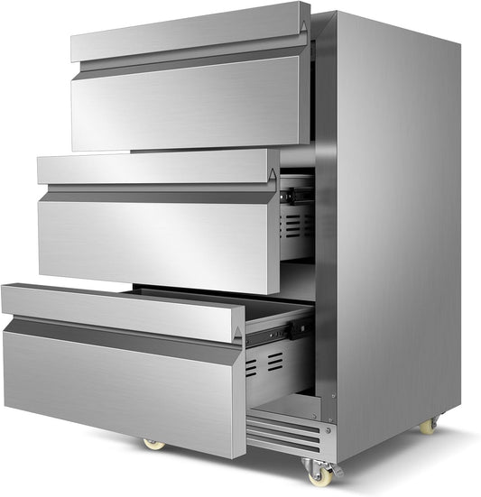 Stainless Steel 3-Tier Drawer Fridge Undercounter, Outdoor Beverage Refrigerator with Wheels, Waterproof Design and Temperature Control for Home and Commercial Use