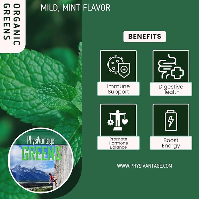 PhysiVantage - Organic Greens Powder - Helps Support Energy, Immunity, & Digestive Health - Prebiotics, Probiotics, Post-biotics - Natural Detox - Vegan - 25 Servings