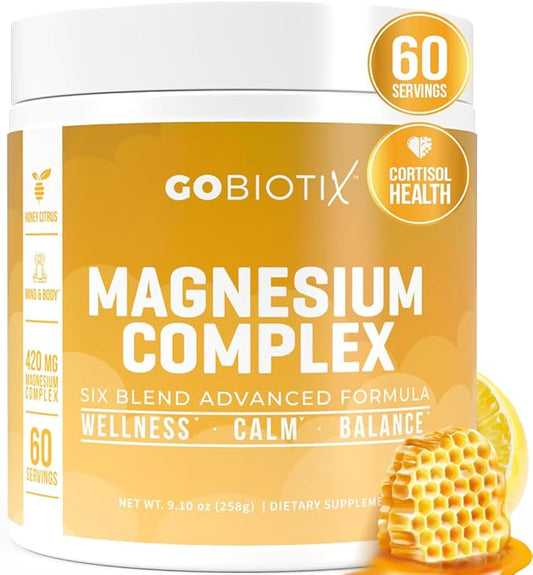 GoBiotix Magnesium Glycinate Powder – Cortisol Supplements for Women and Men – High Absorption Magnesium Complex Calm Supplement with Citrate, Malate – Sugar Free – 420 mg, 60 Servings - Honey Citrus