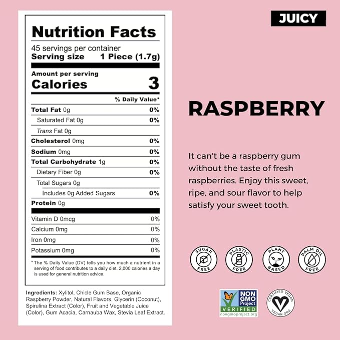 Refresh Gum, Xylitol, Natural, Sugar Free, Aspartame Free, Plastic Free, Natural Flavors & Organic Ingredients, Plant-Based, Low Calorie, Non GMO, Gluten Free, Vegan, Raspberry Flavor, 12 Pcs, 12 Pack