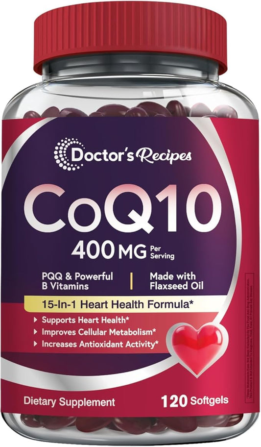 Doctor's Recipes Coq10 400mg Softgels, Ubiquinone with PQQ, Niacin, Vitamin K2 D3, Folate, Plus Black Pepper, High Absorption, Powerful-Antioxidant, Support Heart & Energy-Production, 120 Counts