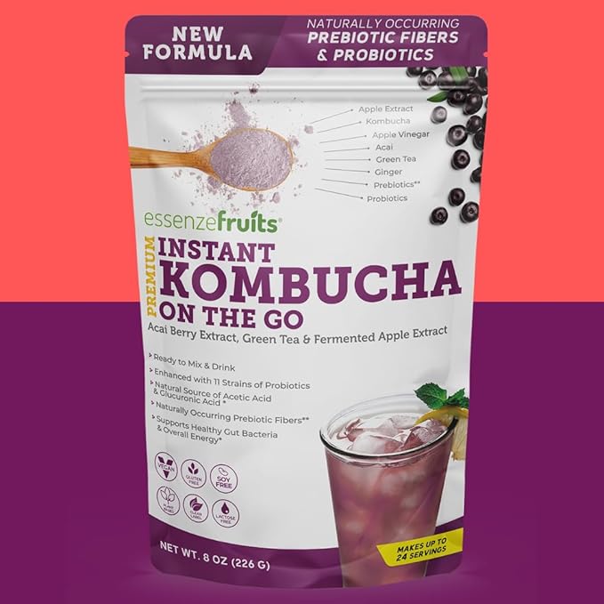 Essenzefruits Acai Kombucha Powder Tea Mix Beverage – Sugar Free, Fermented & Dried - Just Add Water! Probiotics & Prebiotics, Vitamin C - Makes up to 30 Cups (8 Oz, 226g)