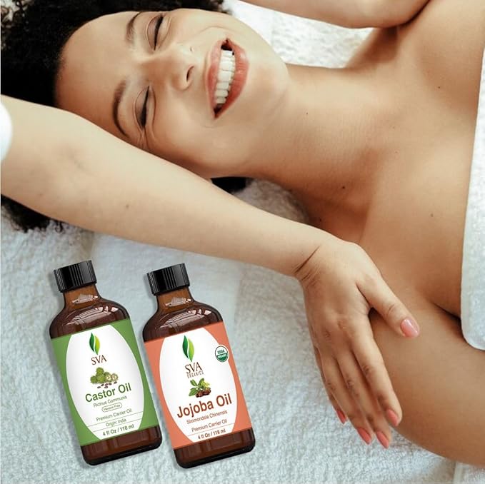 SVA Castor Oil 4oz & Jojoba Oil 4oz Bundle Super Saver Combo – Premium Grade Bundle Set for Hair Oiling, Scalp Massage, Hair Care, Face, Skin Care and Body Massage
