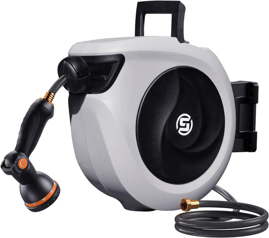 SUNPOW Retractable Garden Hose Reel 1/2 Inch x 33ft - Wall Mounted Lightweight Hose Reel with 3/4 Inch Brass Fittings & 10-Pattern Nozzle - Auto Rewind System, Any Length Lock, 180° Swivel Bracket