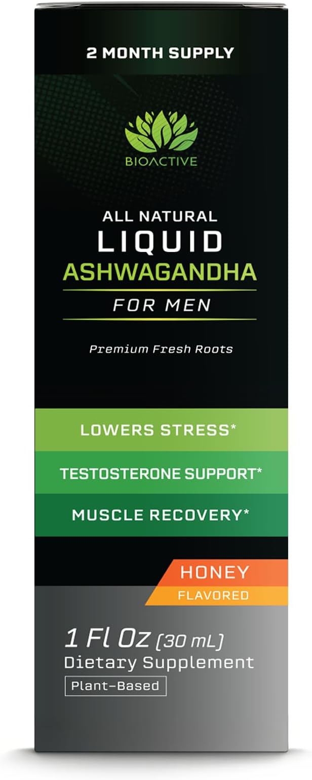 BIOACTIVE Liquid Ashwagandha Drops - Testosterone Health Supplement* - Adaptogen for Stress Support, Men’s Wellness - Organic, Vegetarian, Gluten Free, Non-GMO, 59 Servings (1 Oz, Honey)