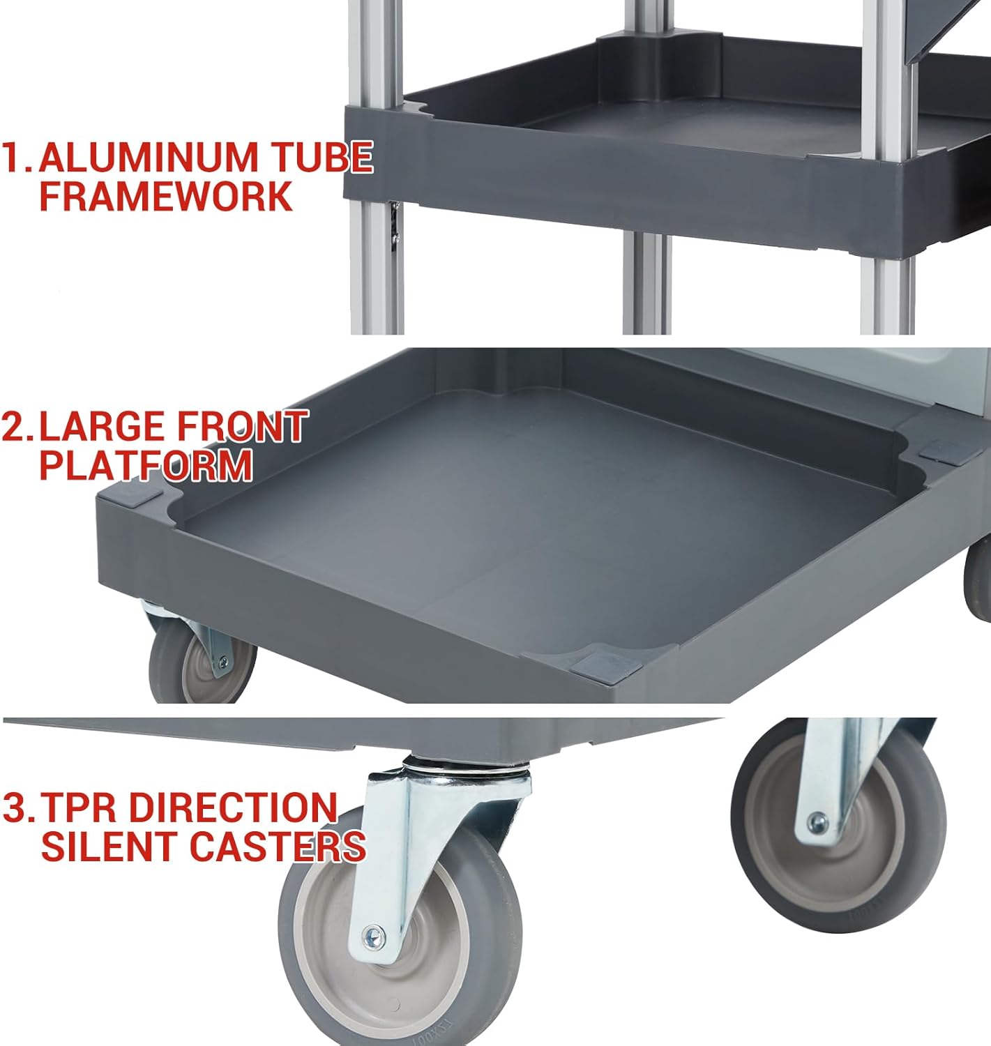 Cleaning Cart, Heavy-Duty Rolling Service Cart with 3-Tier Shelves & Hooks, 300 Lbs Capacity Mobile Janitorial Cart for Commercial Housekeeping Supplies Storage