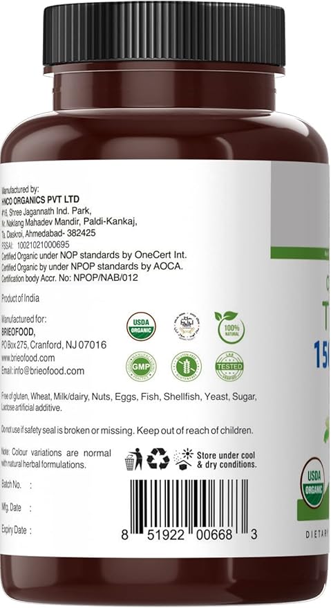 Brieofood Organic Tulsi (Holy Basil) 1500mg, 45 Servings, Vegetarian, Gluten Free, 90 Vegetarian Tablets