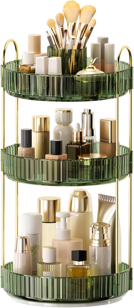 360° Rotating Makeup Organizer, Upgraded 3 Tier Skincare Perfume Organizers for Women, Bathroom Organizer Countertop, Clear Cosmetic Dresser Organizer with Makeup Brush Holder, Sink&Counter (Green)