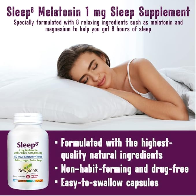 NEW ROOTS HERBAL Sleep Supplement, with Passion Flower, Chamomile, Hops, Panax Gingseng, Skullcap, Magnesium, Melatonin (60 Veg Caps) | Natural Sleep Aid