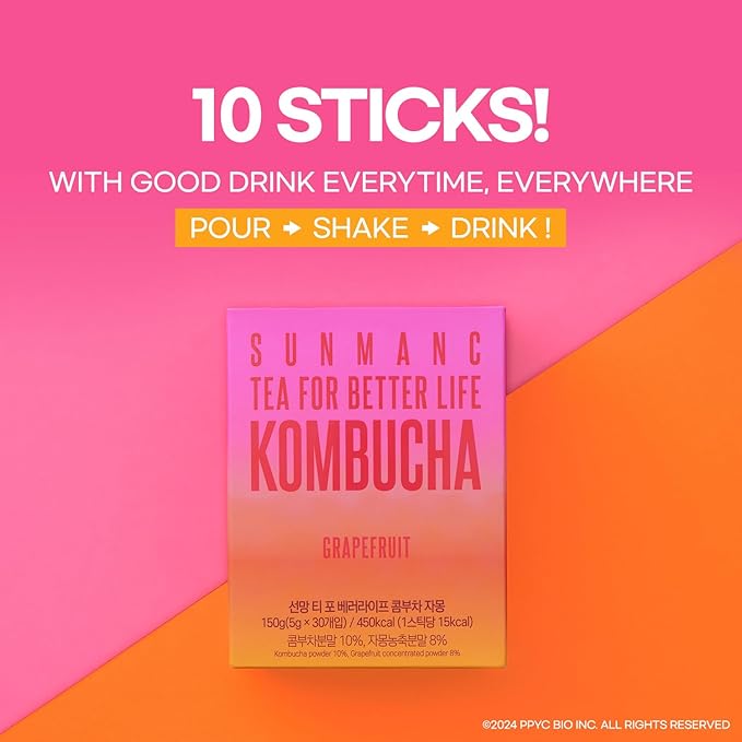 SUNMANC Kombucha 10 packets, Sparkling Probiotic Fermented Drink, Convenient Powdered Drink Mix, Tea Powder, Low Calories, Sugar 0g, Low Caffeine (Grapefruit)