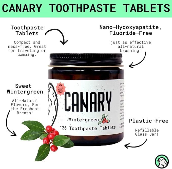 Canary Nano Hydroxyapatite Toothpaste Tablets Wintergreen - Remineralizing, Fluoride Free, All Natural Tabs with Xylitol - Great for Travel, Plastic Free - 240 Count